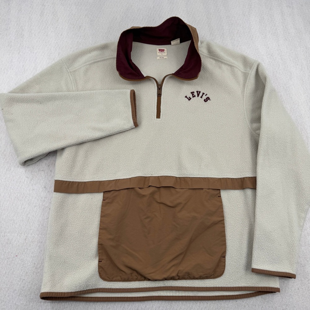 Levis Mens L Relaxed Fit Quarter 1/4 Zip Fleece Pullover Sweatshirt Ivory/Tan
